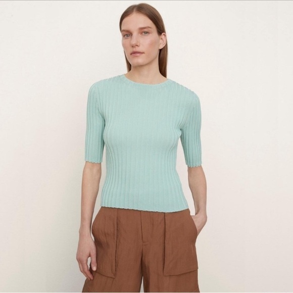 Vince Sweaters - VINCE Women’s Sweater Ribbed Elbow short Sleeve Sz XL Pale Mineral